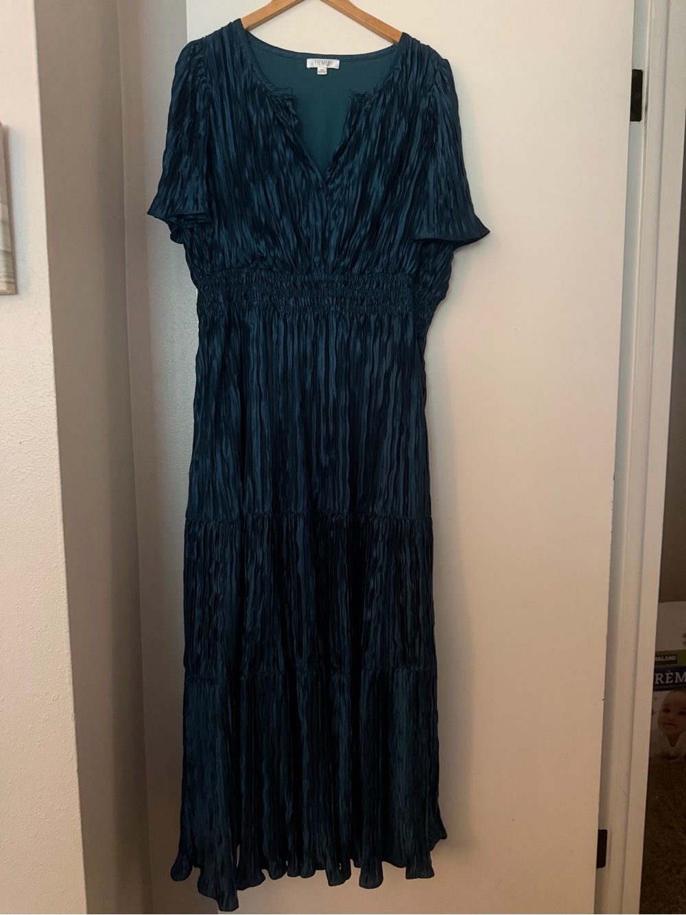 Smocked Waist Teal Maxi Dress with V-Neck
